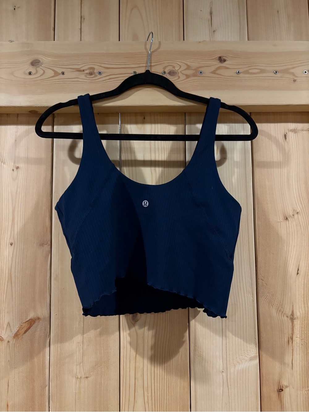 Navy Ribbed Scoop Neck Ruffle Crop Tank Top - Picture 2 of 2